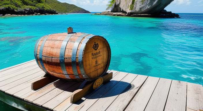 A wooden barrel filled with rum sits on a dock in the Caribbean Sea.